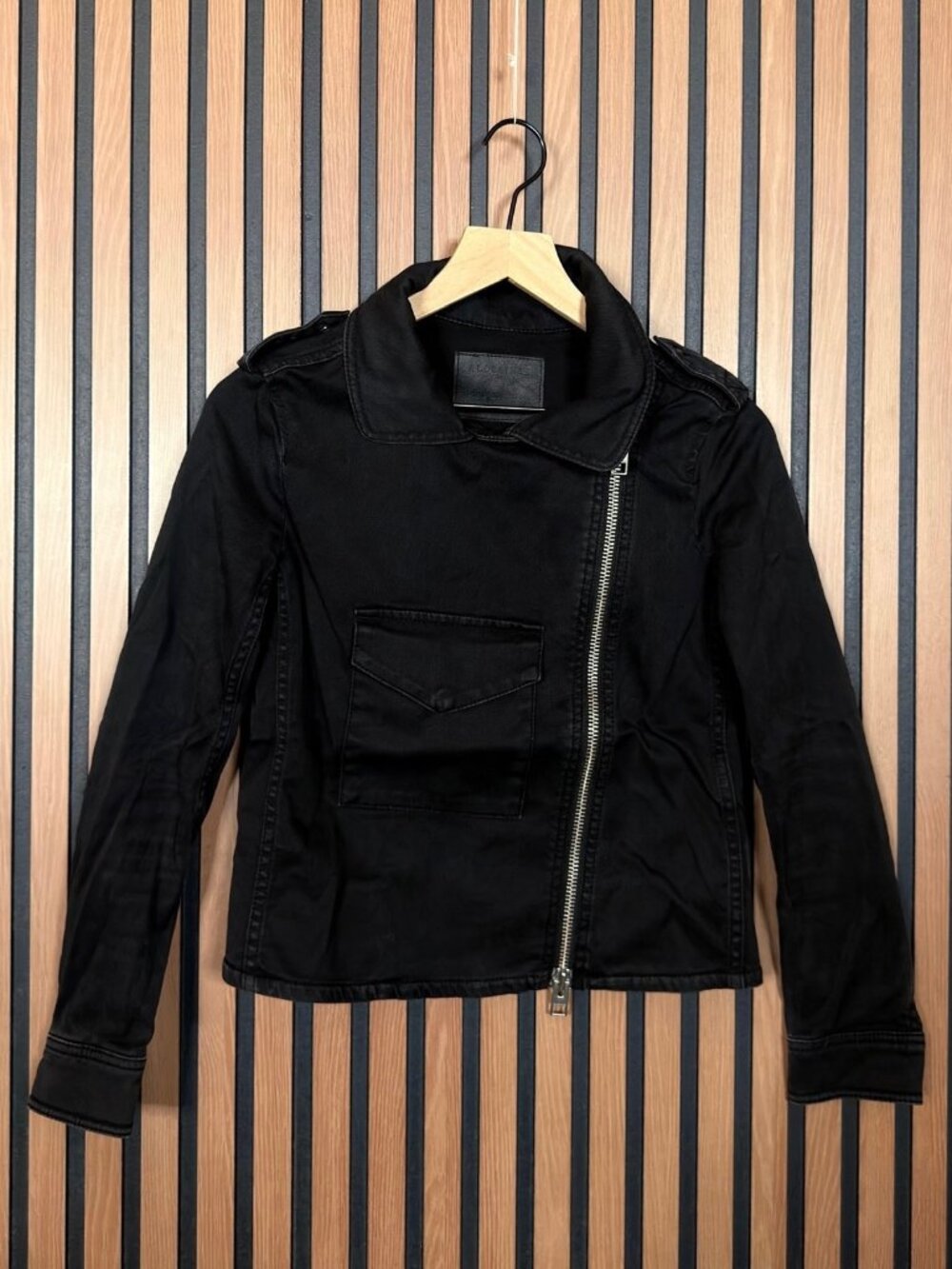 AllSaint Hendon Jacket 2 Womens Black Denim Motorcycle Asymmetrical Zip